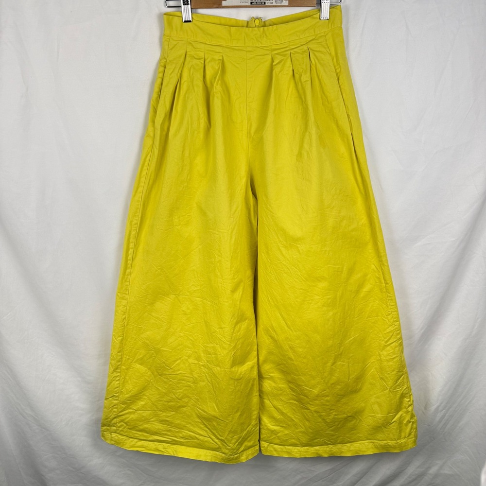 Corey Lynn Calter Yellow Ultra Wide Leg Pleated Cotton Pants Medium Colorful - Picture 3 of 11